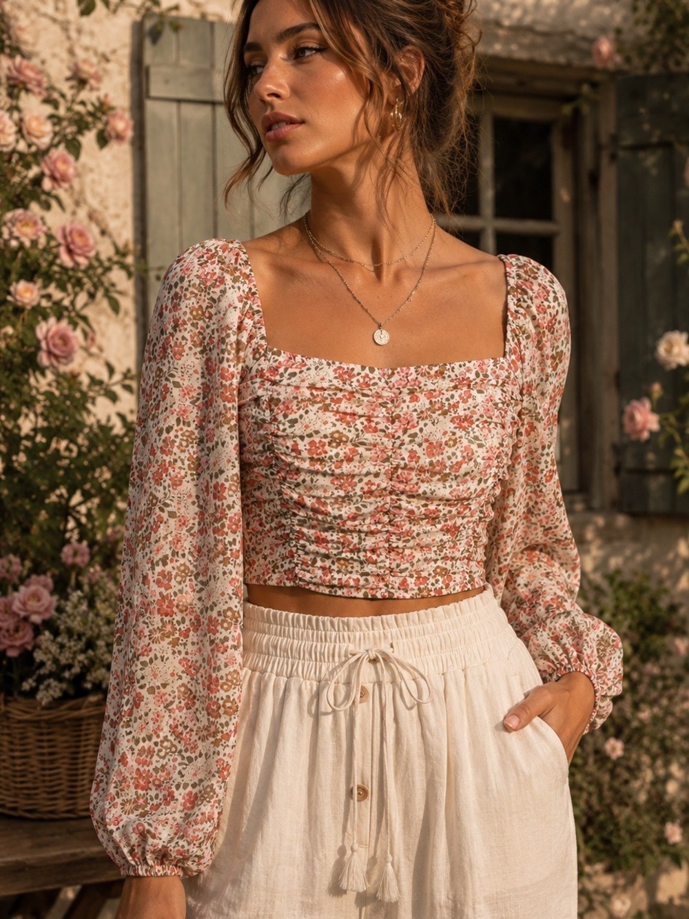 Floral Cottagecore Ruched Crop Top Puff Sleeve Peasant Blouse
